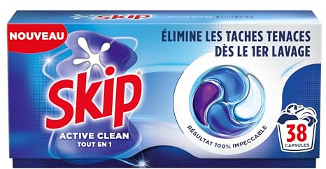 Skip - Capsules Lessive, Tout en 1, Active Clean, 38 Lavages | Ces capsules lessive nettoient en profondeur dès le premier lavage, efficaces en cycle court et à basse température