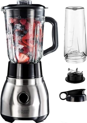 Russell Hobbs Batidora de Vaso 2 en 1 Stainless-Steel - Batidora Smoothie, Jarra de Cristal 1,5L, Vaso para Zumos y Batidos, Cuchilla Acero Inoxidable 4 Puntas, Bloqueo de Seguridad, Plata - 23821-56