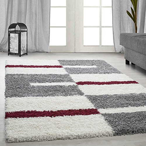 Carpetsale24 Hochflor Teppich 200 x 290 cm Rot-Grau – Weicher Shaggy Flokati im Karierten Design – Großer Wohnteppich für Wohnzimmer, Schlafzimmer oder Esszimmer – Pflegeleicht & modern