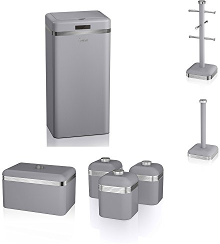 Swan GREY Kitchen Accessories Retro Set of 7 - Retro GREY Bread bin, 3 GREY Canisters, Towel Pole, 6 Mug Tree and Sensor Rubbish Bin Set