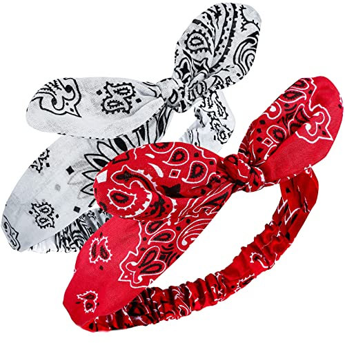 2 Pieces Bandana Headband for Women, Knot Retro Print Bandana Paisley Print Headband Adjustable Headwrap(Red, White)