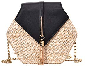 HLIYY-Sac à BandoulièRe En Cuir Tressé Avec ChaîNe Pour Femme Sac en Rotin Sac de Plage Paille Ronde Osier Fille Sacs Portés épaule Tissé Rotin de Voyage (taille libre, Noir)