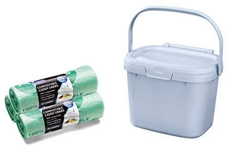 Addis Eco Recycled Kitchen Food Caddy Bin, Light Grey, with 60x 100% Compost Bags (3 Rolls of 20 Liners)