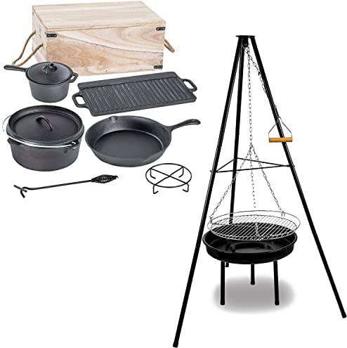 ACTIVA Griglia girevole per forno olandese, treppiede, scatola di legno, pentola, padella, griglia in ghisa, caldaia per gulasch