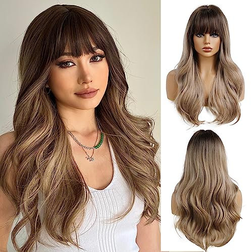 OUFEI Dunkelblonde Perücke mit Pony Synthetische Hitzebeständige Faser Natürliche Lange Welle Ombre Perücken für Frauen Täglich Party Gebrauch
