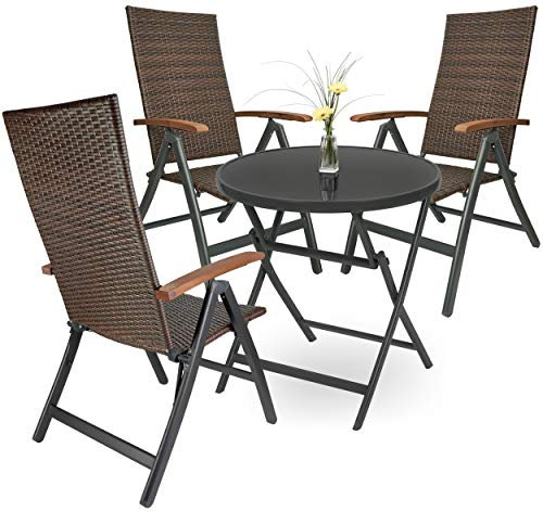 BRUBAKER Garten Sitzgruppe Modena - 1 Glastisch Klapptisch rund 70 cm Ø mit 3 Polyrattan Stühlen - Wetterfest - Braun/Anthrazit