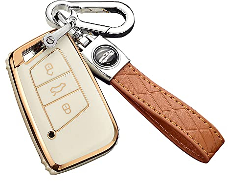ontto Autoschlüssel Hülle Cover Passt für VW Magotan Passat B8 CC MK2 Jetta Skoda Superb A7 Kodiaq?Zubehör Schlüsselbox Schlüsselhülle Schlüsselanhänger Schlüssel Schutz Etui 3 Tasten-Golden Beige