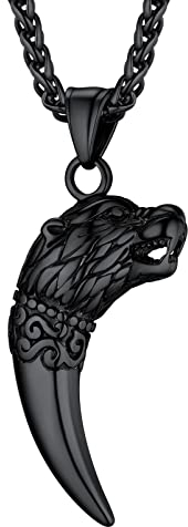 PROSTEEL Wolf Gebiss Anhänger Halskette schwarz Edelstahl Wolfszahn Wolfskopf mit 55+5cm Weizenkette Amulett für Biker Motorradfahrer Modeschmuck Accessoire