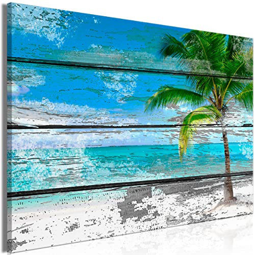 decomonkey Bilder Palme Holz120x80 cm 1 Teilig Leinwandbilder Bild auf Leinwand Vlies Wandbild Kunstdruck Wanddeko Wand Wohnzimmer Wanddekoration Deko Strand Meer Landschaft Abstrakt blau