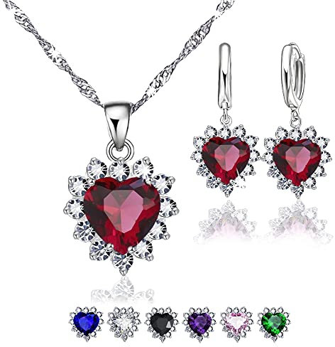 Crystalina Schmuckset aus 925er Silber für Damen, Halskette und Ohrringe mit Zirkonia, Geschenk für Damen (Rote Herzen)