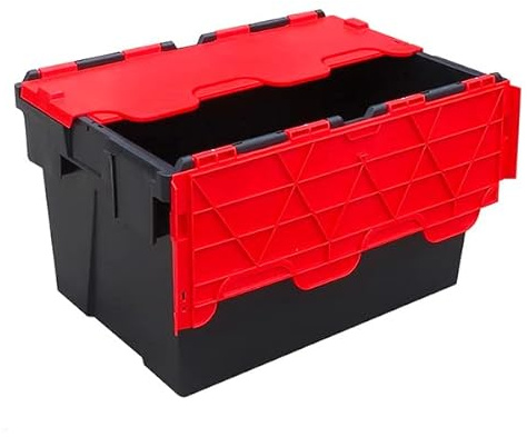 Pack of 1 - Plastic 65 Litre Heavy Duty Storage Box Tote Crates (60 x 40 x 36.5cm) Plastor Black with Red Attached Hinged Lids