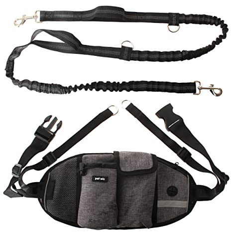 Hands Free Dog Running Lead with Wide Back Support Belt, Adjustable Waistband, Multiple Compartments, Dual Handles and Bungee Leads with Reflective Stitching (Grey)