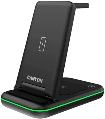 CANYON Pieghevole Caricatore Wireless 3 in 1 Base Ricarica iPhone Apple Watch Airpods per iPhone 14/13/12/11/X/8 Airpods 2/3/Pro Apple Watch 8/7/SE/6/5/4/3/2 Adattatore 18W Perfetto per i Viaggi