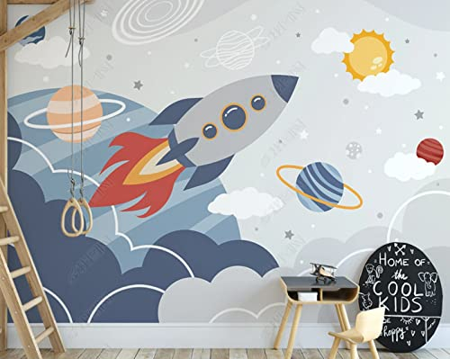 Fototapete 3D Effekt 3D Tapete Weltraum Universum Cartoon Rakete Planet Kinder Wanddekoration Aus Vliesstoff 350(W) X256(H) Cm