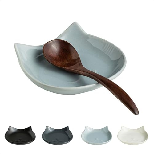Miamolo Cat Spoon Rest for Stove Top & Counter, Gift for Cat Lovers | Cute Ceramic Utensil Rest, Holds Cooking Ladles & Turners | for Stovetop & Coffee Bar Use | Dishwasher Safe Tray, Light Gray