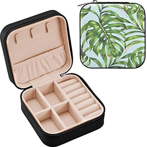 Tropische Monstera-Blatt-Schmuckschatulle für Halsketten, Ring, Aufbewahrungs-Organizer, Mini-Schmucketui, Ohrringe, Leder, Schmuck, Reise-Organizer für Frauen, Mädchen, Freundin, Ehefrau, Geschenk