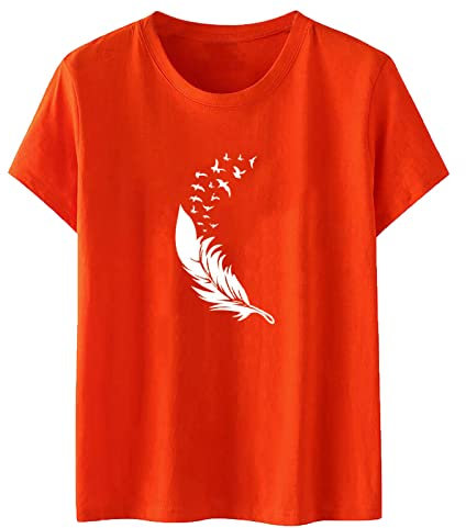 Damen Oberteile Mode Damen Top Crewneck T-Shirt Lässiges T-Shirt Damen T Shirt Damen Kurzarm Bluse mit Shirt Day Print Tshirt Orange