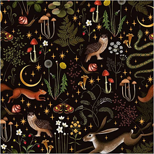 UniGoos Animals Mushroom Owl Peel and Stick Wallpaper Retro Vinyl Self-Adhesive Snails Temporary Wall Paper Roll Black Background Decorative Contact for Room DIY Decor 17.7'' x 118.1'', Black, Green,