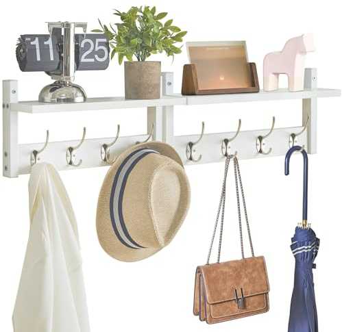 YMYNY Wandgarderoben mit Ablage, 2er Set Wandregal in einem Paket, Garderobenhaken mit 8 Doppelhaken, 80cm für Hüte, Kleidung, Dekoration im Eingang, Flur, Küche, Schlafzimmer, Weiß HWS001W-2