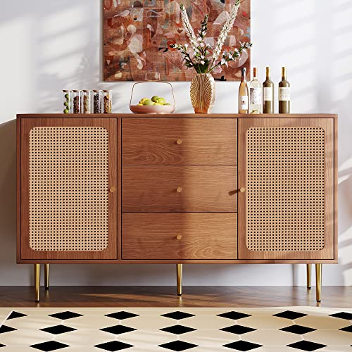 BTM Rattan Chester Drawers for Bedroom, Chest of Drawers with with 2 doors and 3 drawers, Adjustable shelf, Walnut -90H/150W/40D cm