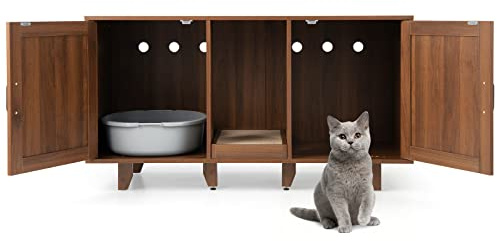 GYMAX Enceinte de Litière pour Chat à 2 Portes, Boîte avec Cachette et Intimité, Entrée Sinueuse, Planche à Gratter, Table Basse TV pour Maison Intérieure, Marron