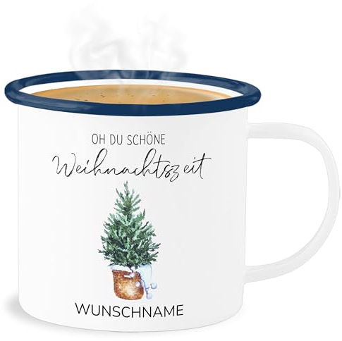 Emaille Becher Blechbecher - Weihnachten Weihnachtstasse - Oh du schöne Weihnachtszeit - Wunschname - 300 ml - Weiß Blau - weihnachtstassen christmas tasse frohe weihnachtsmotiven mug