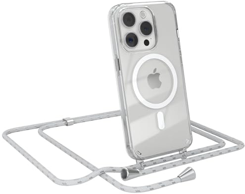 EAZY CASE - Handykette kompatibel mit iPhone 15 Pro Kette zum Umhängen Stoßfest Handyhülle für iPhone 15 Pro Silikon Hülle mit Band Handytasche Transparent als Fallschutz in Weiß/Silber