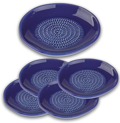 TURBO PRODUKTE Rallador de cerámica, ideal para jengibre, ajo y limones, apto para lavavajillas, plato rallador de estilo mediterráneo, azul oscuro, 5 unidades