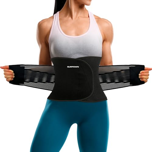 SURPOWN Waist Trainer Damen Herren zum abnehmen, Rückenstütze, Lindert Rückenschmerzen, Bauchfett reduziere, Vollständige Abdeckung Bauch Schweiß Taille Trimmer Fitness gürtel Schwarz M