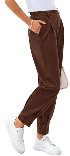 CFLONGE Women's Work Pants with Pockets High Waist Tapered Slacks Ankle Length Pants Pleated Trousers for Women Summer 2026(Coffee,Medium)