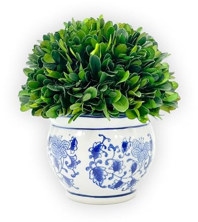 Galt International 17,8 cm natürlich konservierte echte Buchsbaumkugel in handbemaltem Blau und Weiß, runde Blumenzwiebel-Pflanzgefäß, Pflanzgefäß, grüne Zimmerpflanze, Heimdekoration (klein, 17,8 cm