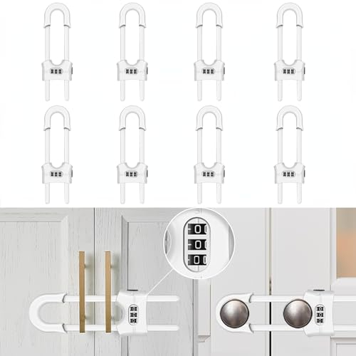Reusable Cupboard Locks 8 Pack, Child Safety Sliding Cabinet Lock, U Shape Adjustable 3 Digit Password Combination Locks for Kitchen Cabinets and Cupboards, Install Without Drilling or Adhesive(White)