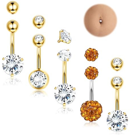 Diamday 14G Piercing Nombril Acier Chirurgical Or/Argent Piercing Nombril Anneau CZ Barbell Anneau Corps Piercing pour Femmes Avec 5Pcs Boules De Remplacement