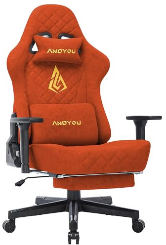 Andyou Gaming Stuhl Racing Gamer Sessel, Ergonomischer Gaming Chair Bürostuhl mit Verstellbare Lendenkissen, Fußstütze, Kopfkissen und 2D Armlehnen, Vintage-PU-Leder 90-150°, Orange