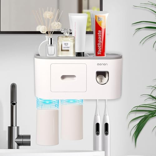 Ajex Porte Brosse Dents,Porte Brosse Dents Mural avec Distributeur Dentifrice Automatique, Support Brosse Dent 2 Tasses Magnétiques,4 Emplacements pour Brosse,1 Tiroir et Grande Capacité de Stockage