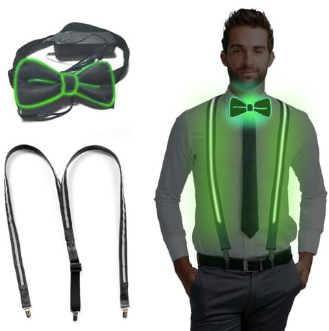 LED-Hosenträger, LED-Licht-Hosenträger, Leuchtende Herren-LED-Hosenträger und Fliege, LED-Leucht-Hosenträgerfür, Neon Stripe Light Up LED-Hosenträger für Musik Festival, Halloween Kostümparty, Grün