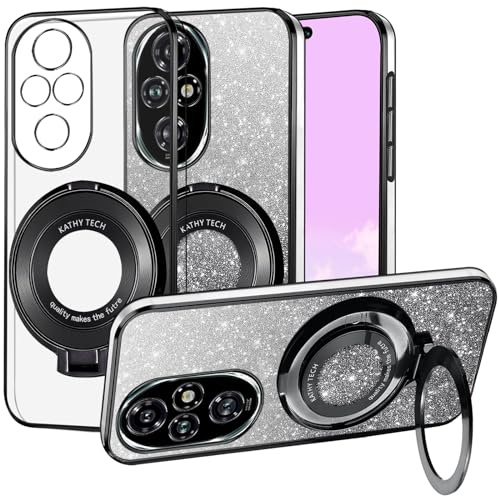 Kainevy Handyhülle für Honor 200 Pro Hülle Durchsichtig Glitzer mit Ständer Kompatibel mit MagSafe, Silikon Weich TPU Aesthetic Bling Clear Case Rosa Dünn für Mädchen Frauen (Schwarz)