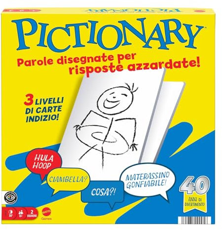 Mattel Games - Pictionary, l'iconico gioco da tavolo per tutta la famiglia, 2 squadre con indizi in italiano, pennarelli cancellabili, lavagnette e clessidra, giocattolo per bambini, 8+ anni, JDY01