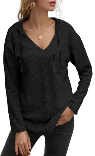 TANTOMI Pullover Damen Hoodie Langarm V Herbst Vielseitig Bequemes Langarm Kapuzenpullover Ausschnitt Kordelzug LäSsig Longshirt