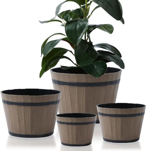 Set di 4 grandi vasi da fiori (30,5 cm, 25,4 cm, 20,3 cm, 15,2 cm), resistenti vasi da whisky con fori di drenaggio e piattino, in plastica rustica, per interni ed esterni, decorazione per la casa