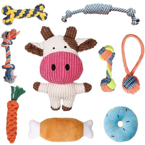 WDAFLG 9 Pièces Jouet Chiot, Peluche pour Chien et Corde Chien en Coton Naturel, Jouet pour Chien pour Les Petits et Moyens Chiens pour Le Grincement des Dents et la Compagnie