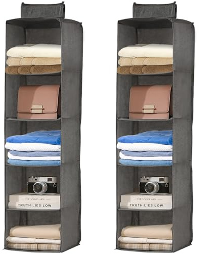 Minnhua 2 Pack Hanging Storage with 5 Shelves Hanging Wardrobe Organiser Closet Organiser Fabric Hanging Shelves Foldable Wardrobe Storage Organiser for Clothes Hats Towels Toys