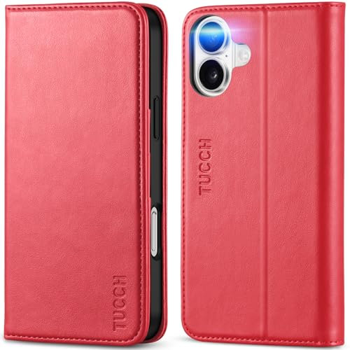 TUCCH Wallet Case for iPhone 16 Plus (6.7) 2024, Premium PU Leather Case with[RFID Blocking][Shockproof TPU][Card Slots]Kickstand, Book Style Flip Folding Case Compatible with iPhone 16 Plus 5G, Red