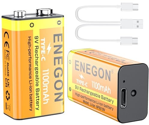 ENEGON Confezione da 2 batterie ricaricabili al litio 9V, 1100mAh (9900mWh) con ricarica rapida USB-C – Batterie 6F22 ad alta capacità per chitarre elettriche, motori, rilevatori di fumo, microfoni e