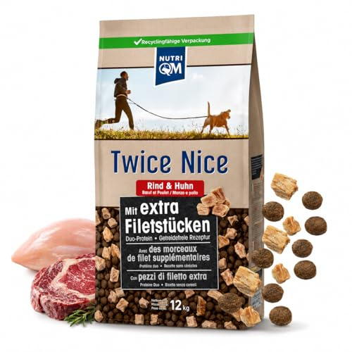 NutriQM® Twice Nice Adult Rind & Huhn 12 kg | Trockenfutter für Hunde ohne Getreide | Mit Superfoods, Filetwürfeln & Omega-Fettsäuren | Leicht verdauliches Hundefutter trocken | Made in Germany