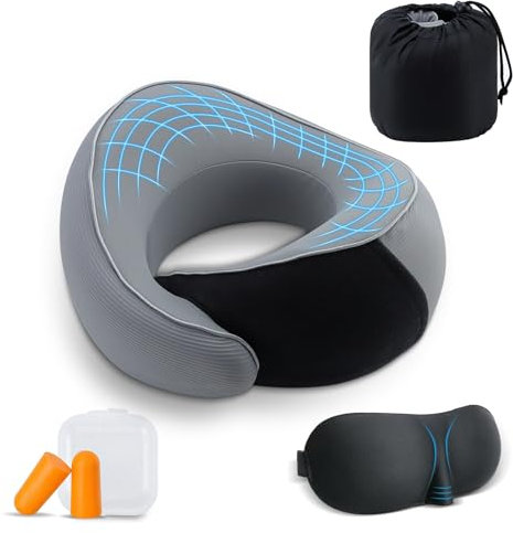 Feelhap Reisekissen,Nackenkissen Flugzeug Reisekissen Memory Foam,Nackenhörnchen Tragbares Flugkissen Nackenstützkissen für Flugzeug,Reise Nackenkissen für Flugzeug mit Augenmaske und Ohrstöpsel(Grau)