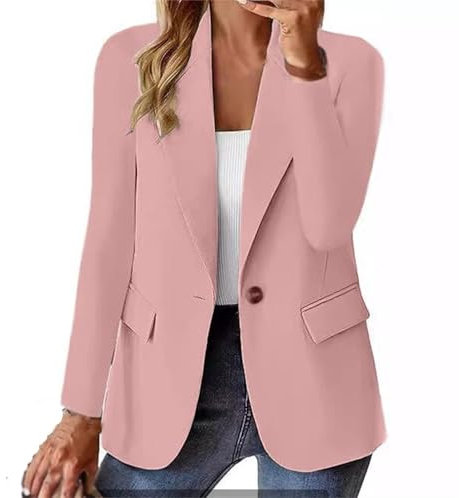 Blazer estivi da donna, giacca da completo cardigan primaverile ed estivo a maniche lunghe in tinta unita, casual, da lavoro, rosa, M
