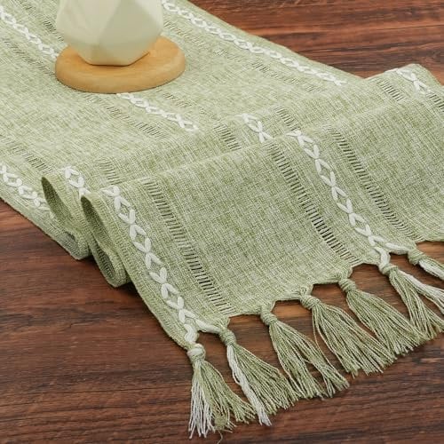 BSBUY Landhausstil Quasten Tischläufe Mode Boho Grün Tischläufer mit Quasten Fleckschutz Waschbar Mehrfachverwendung Lange Tischdecke für Hochzeit Esstisch Böhmische Rustikale und Festival (33*183cm)