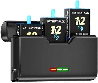 Palogreen 2 Hero 12 batteria con caricatore per Go-Pro Hero 12/11/10/9 Black, caricabatterie a 3 canali con display LCD, slot per schede TF, adatto a bassa temperatura, formato tascabile