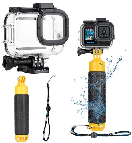 GEPULY 60M/196FT Custodia Impermeabile per GoPro Hero 13 12 11 10 9 Nero, Maniglia Galleggiante Grip Pole Stick Monopiede Accessori Subacquea Custodia Protettiva Dive Shell